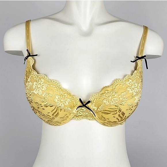 ⭐️2/ $30⭐️ La Vie en Rose Yellow Satin Lace Underwire Push Up Bra 34C - Picture 2 of 14